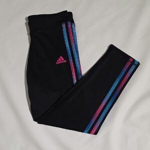 Adidas Kids Black Leggings with Pink and Blue Stripes